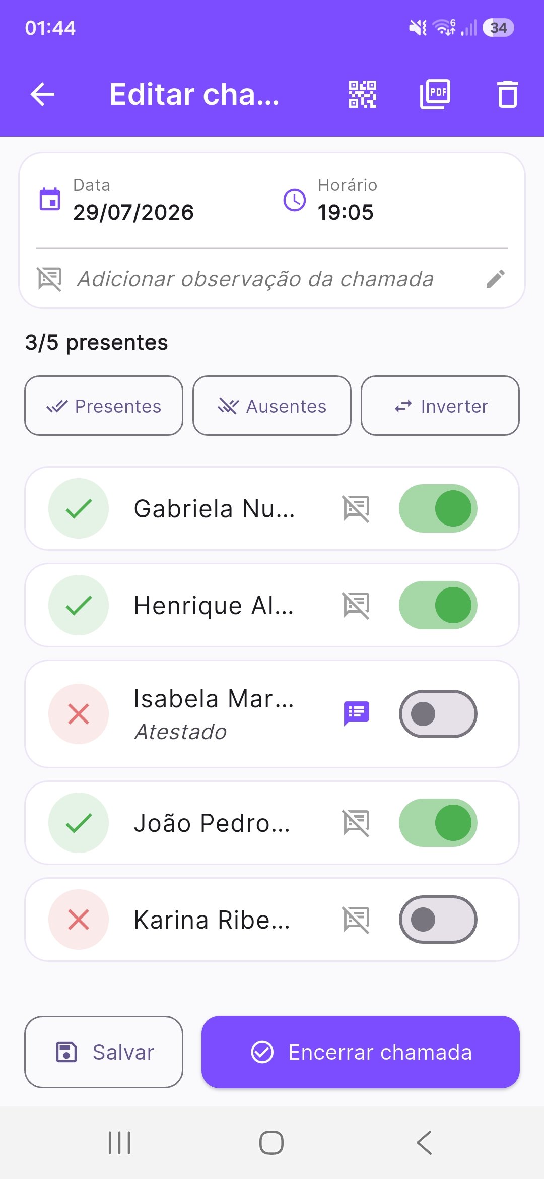 Tela de chamada do Presença Certa