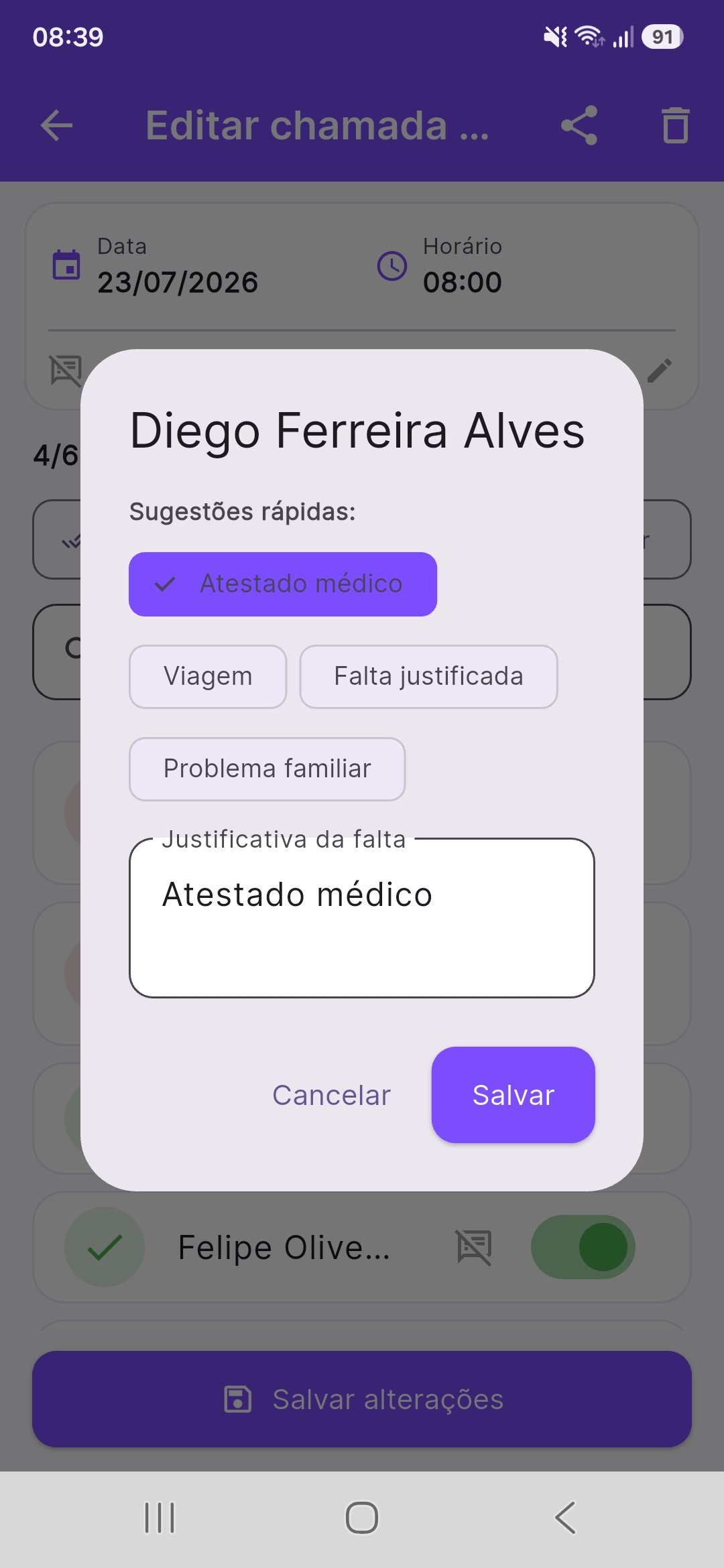 Sugestões rápidas de justificativa
